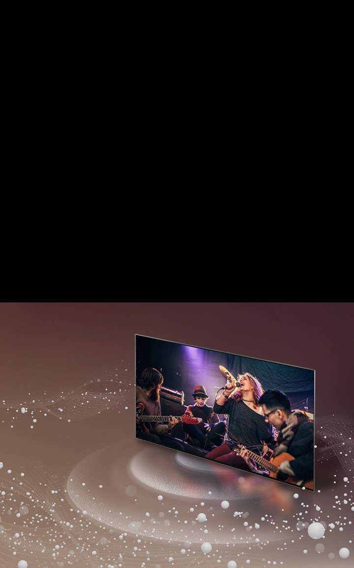 El televisor LG emite burbujas y ondas sonoras desde la pantalla y llena el espacio.	