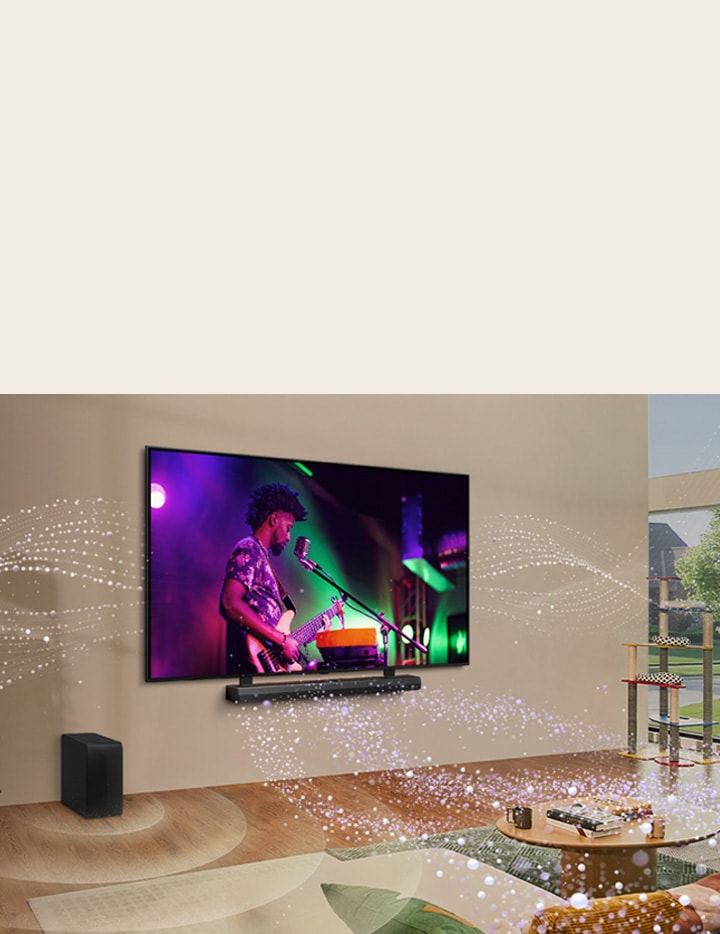 TV LG y barra de sonido LG montadas en la pared de una sala de estar y gráficos de formas brillantes por toda la habitación.
