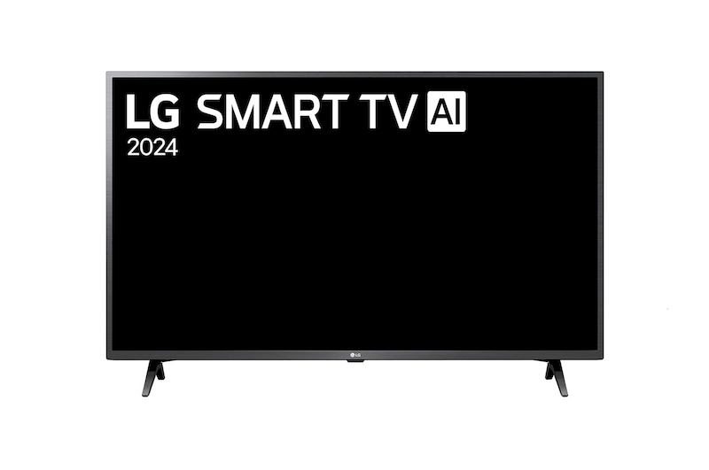 Vista frontal de LG FHD TV, LR60 con texto de LG SMART TV AI y 2024 en pantalla con soporte de 2 polos