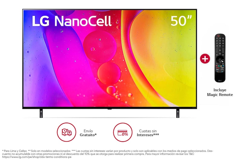 Vista frontal de LG NanoCell 50'' NANO80 4K Smart TV con ThinQ AI (Inteligencia Artificial), 4K Procesador Inteligente α5 generación 5 50NANO80SQA
