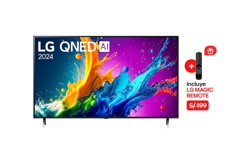 Vista frontal de LG QNED TV, QNED80 con texto de LG QNED, 2024 y logotipo de webOS Re:Nuevo Programa en pantalla
