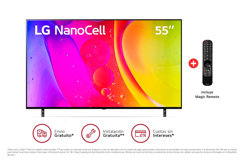 Vista frontal de LG NanoCell 55'' NANO80 4K Smart TV con ThinQ AI (Inteligencia Artificial), 4K Procesador Inteligente α5 generación 5 55NANO80SQA