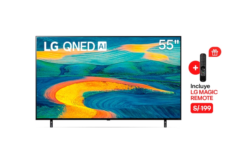 Vista frontal de LG QNED 55'' QNED7S 4K Smart TV con ThinQ AI (Inteligencia Artificial), 4K Procesador Inteligente α5 generación 5 55QNED7SSQA