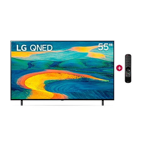Vista frontal del televisor LG Qned con una imagen de relleno y el logotipo del producto