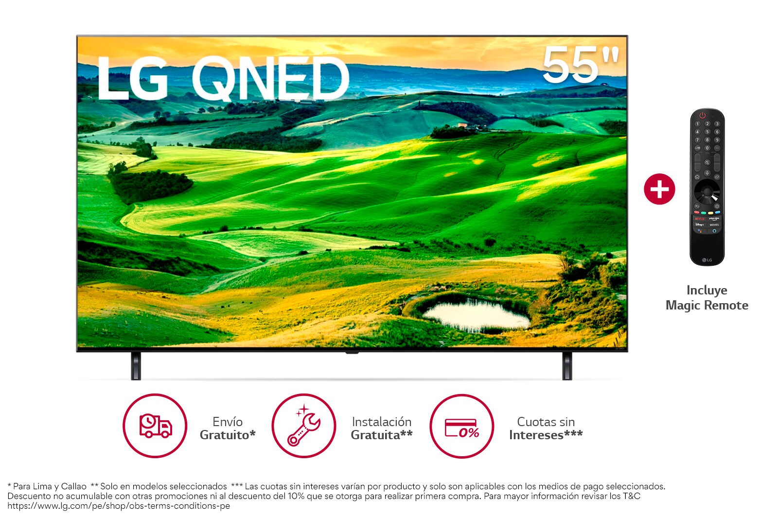Vista frontal de LG QNED 55'' QNED80 4K Smart TV con ThinQ AI (Inteligencia Artificial), 4K Procesador Inteligente α7 generación 5 55QNED80SQA