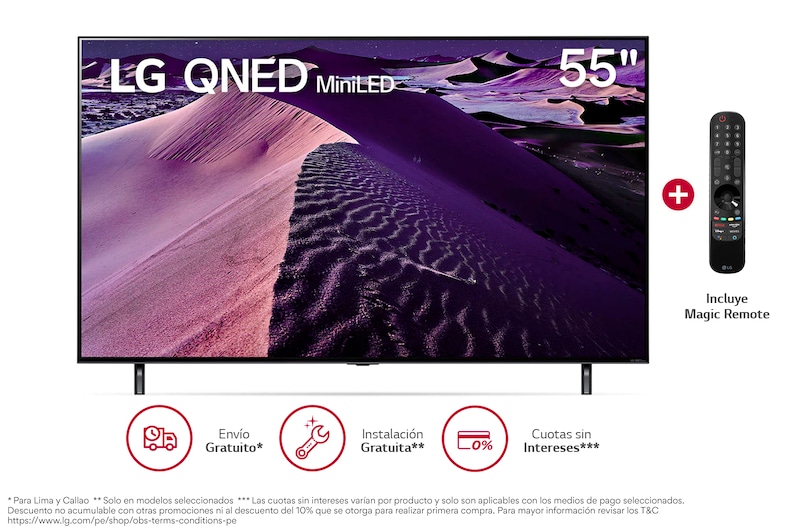 Vista frontal de LG QNED Mini LED 55'' QNED85 4K Smart TV con ThinQ AI (Inteligencia Artificial), 4K Procesador Inteligente α7 generación 5 55QNED85SQA