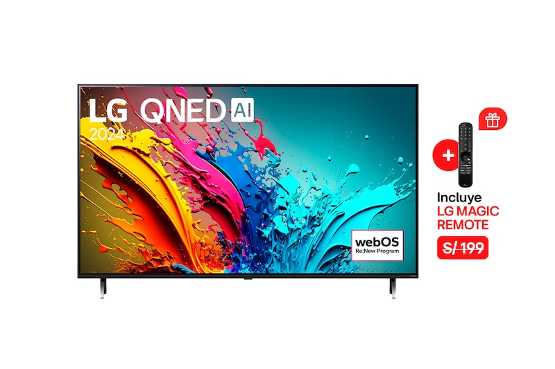 Vista frontal de LG QNED TV, QNED85 con texto de LG QNED, 2024 y logotipo de webOS Re:New Program en pantalla