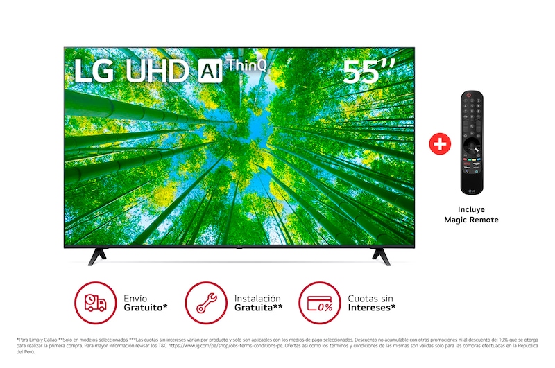 Vista frontal de LG UHD ThinQ AI 55'' UQ7950 4K Smart TV, 4K Procesador Inteligente α5 generación 5, Magic Remote 55UQ7950PSB