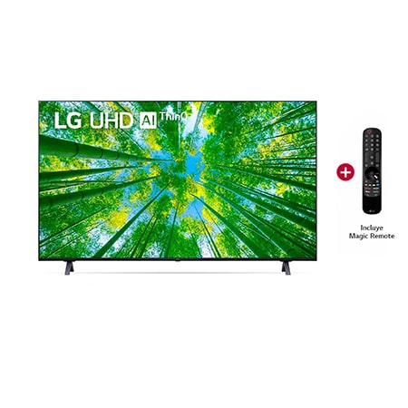 Vista frontal del televisor UHD con una imagen de relleno y el logotipo del producto