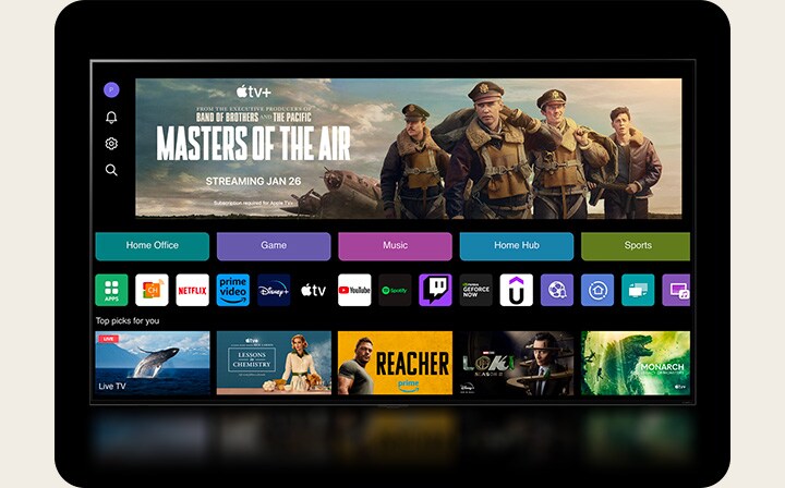 The webOS 24 home screen with Home Office, Game, Music, Home Hub and Sports Categories. The bottom of the screen shows personalized recommendations under "Best options for you." 