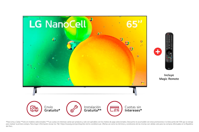 Vista frontal de LG NanoCell 65'' NANO75 4K Smart TV con ThinQ AI (Inteligencia Artificial), 4K Procesador Inteligente α5 generación 5 65NANO75SQA
