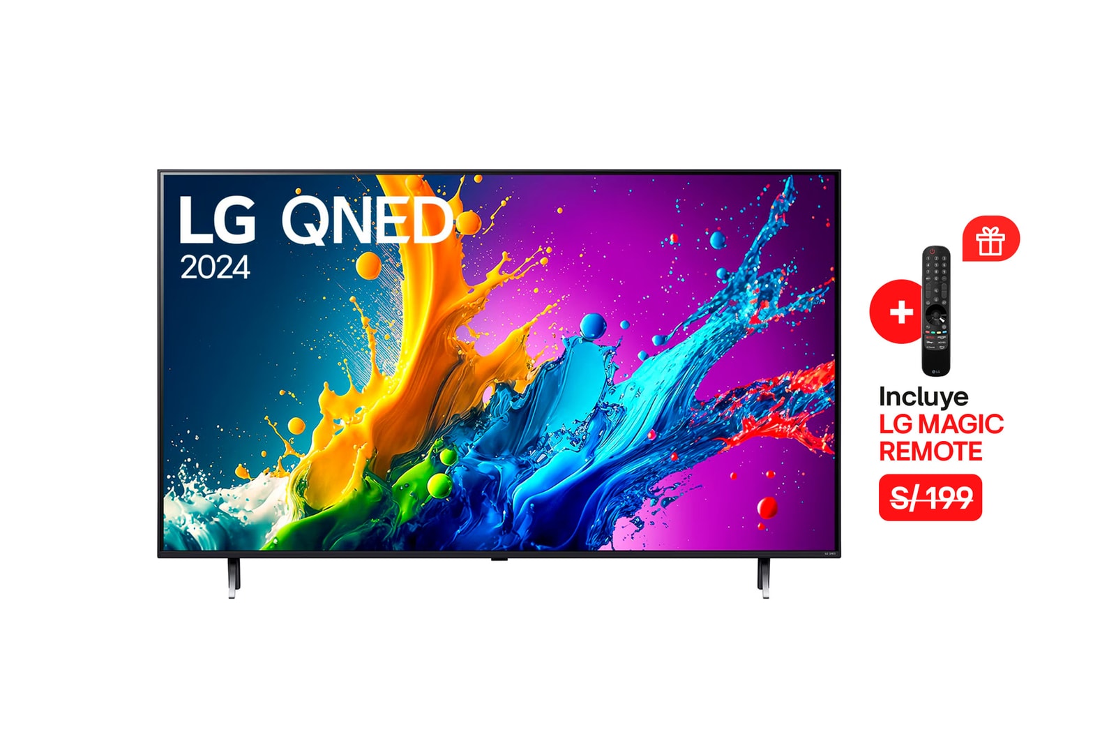 Vista frontal de LG QNED TV, QNED80 con texto de LG QNED, 2024 y logotipo de webOS Re:Nuevo Programa en pantalla