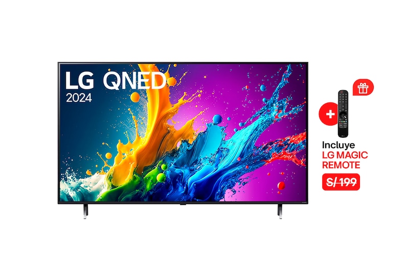 Vista frontal de LG QNED TV, QNED80 con texto de LG QNED, 2024 y logotipo de webOS Re:Nuevo Programa en pantalla
