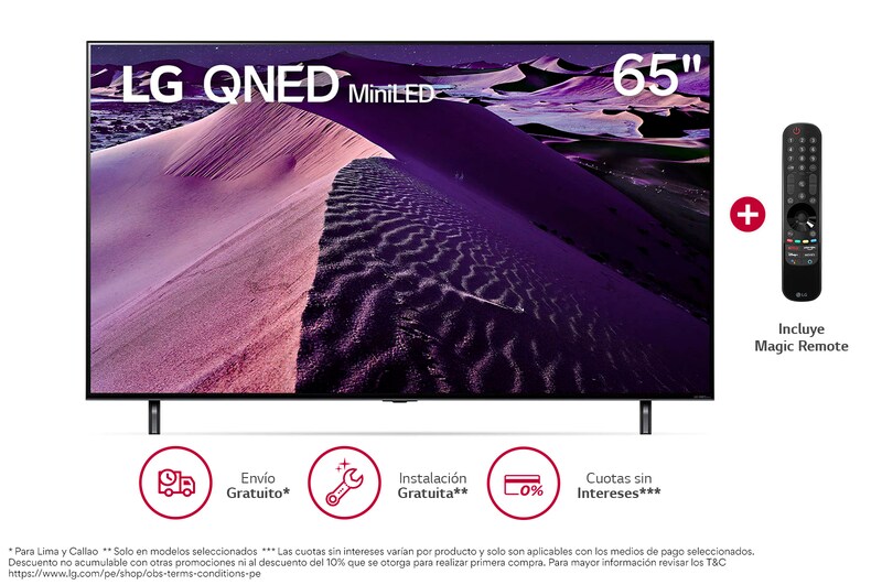 Vista frontal de LG QNED Mini LED 65'' QNED85 4K Smart TV con ThinQ AI (Inteligencia Artificial), 4K Procesador Inteligente α7 generación 5 65QNED85SQA