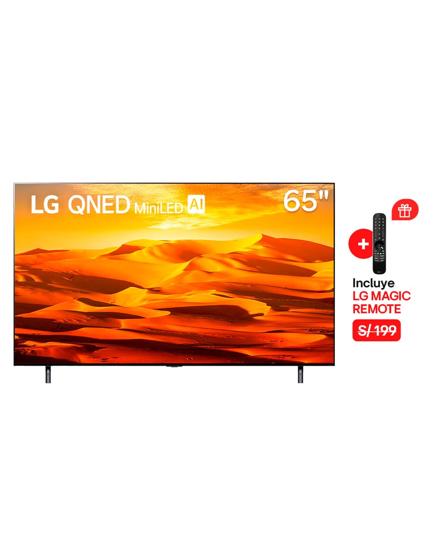Vista frontal de  LG QNED Mini LED 65" QNED90 4K Smart TV con ThinQ AI (Inteligencia Artificial), 4K Procesador Inteligente α7 generación 5 65QNED90SQA