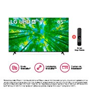 Vista frontal del televisor UHD con una imagen de relleno y el logotipo del product