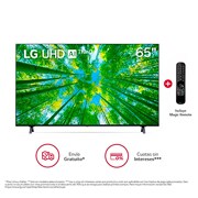 Vista frontal del televisor UHD con una imagen de relleno y el logotipo del producto