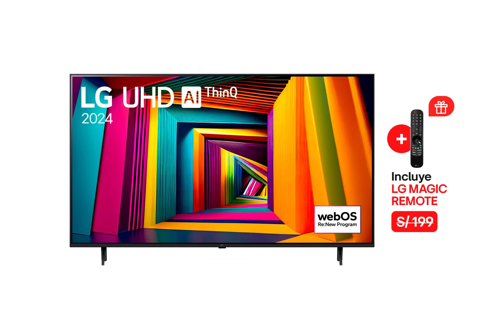 Vista frontal del TV LG UHD, UT90 con el texto de LG UHD AI ThinQ, 2024, y el logotipo de webOS Re:Nuevo Programa en pantalla.