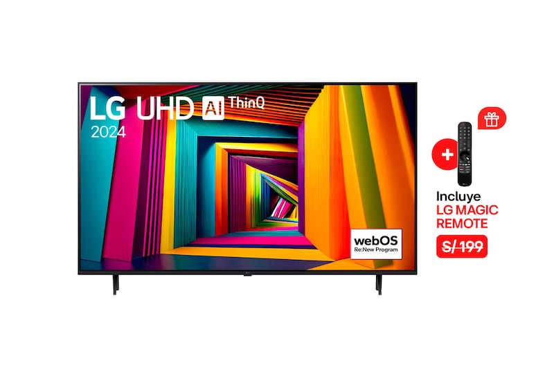 Vista frontal del TV LG UHD, UT90 con el texto de LG UHD AI ThinQ, 2024, y el logotipo de webOS Re:Nuevo Programa en pantalla.