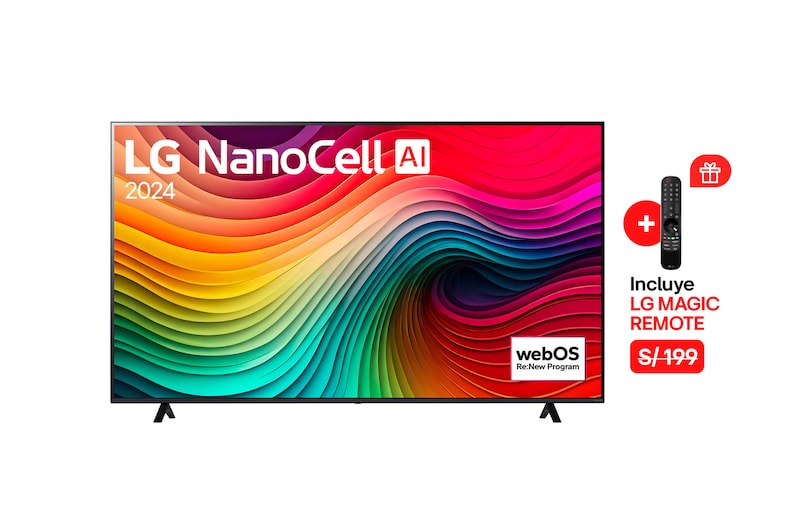 Vista frontal de LG NanoCell TV, NANO80 con texto de LG NanoCell, 2024 y logotipo de webOS Re:Nuevo Programa en pantalla