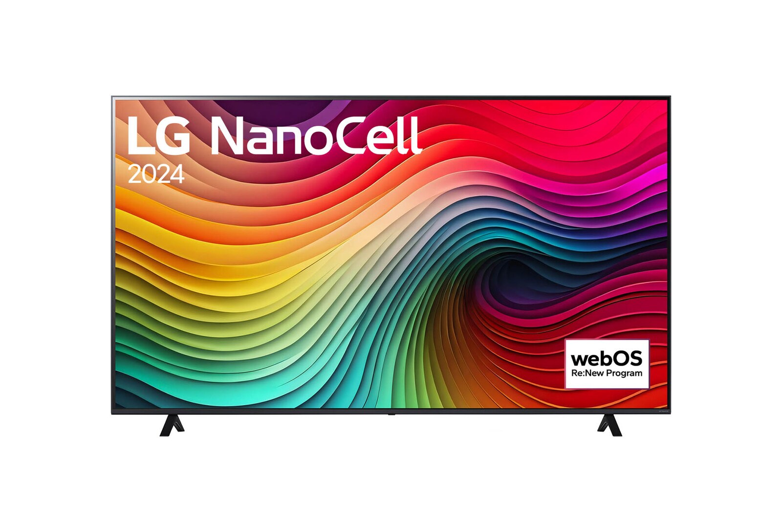 Vista frontal de LG NanoCell TV, NANO80 con texto de LG NanoCell, 2024 y logotipo de webOS Re:Nuevo Programa en pantalla