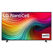 Vista frontal de LG NanoCell TV, NANO80 con texto de LG NanoCell, 2024 y logotipo de webOS Re:Nuevo Programa en pantalla
