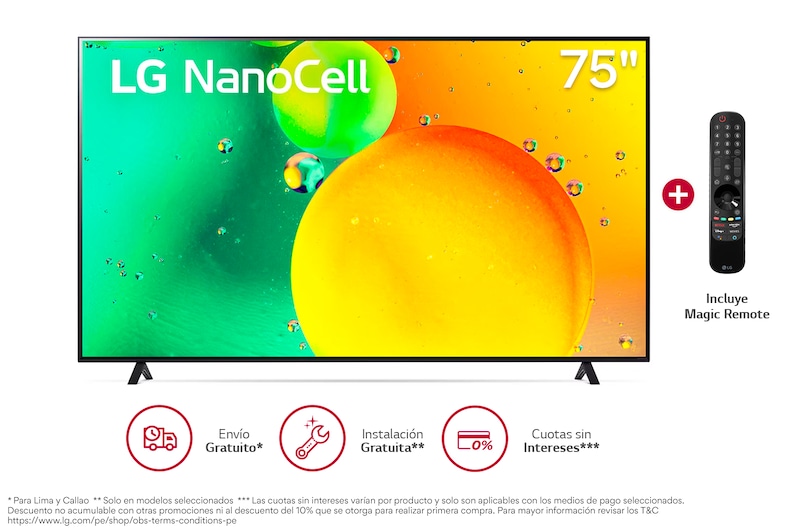 Vista frontal de LG NanoCell 75'' NANO75 4K Smart TV con ThinQ AI (Inteligencia Artificial), 4K Procesador Inteligente α5 generación 5 75NANO75SQA