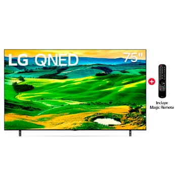 Vista frontal del televisor LG Qned con una imagen de relleno y el logotipo del producto