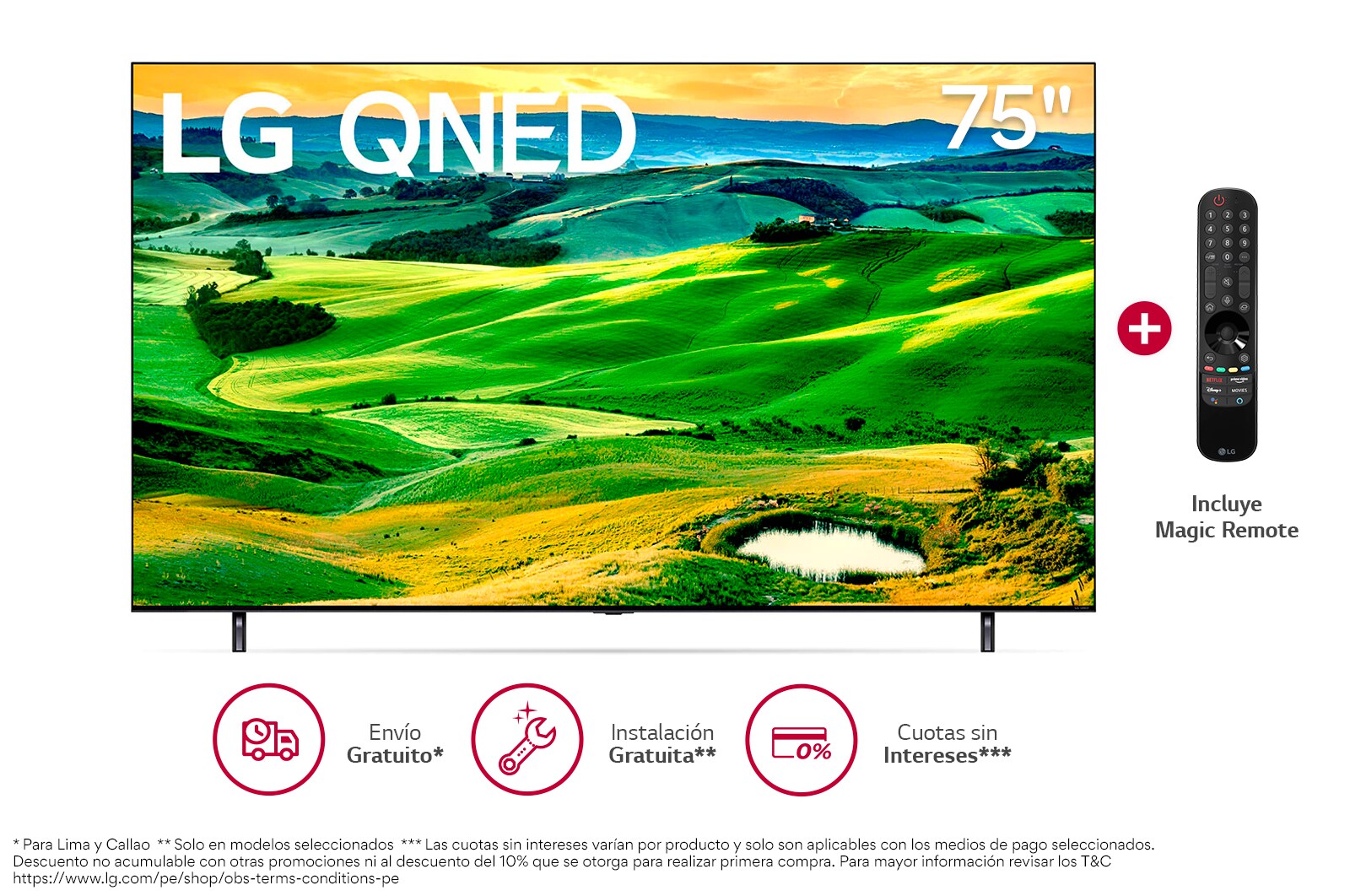 Vista frontal del televisor LG Qned con una imagen de relleno y el logotipo del producto