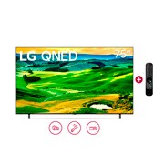 Vista frontal del televisor LG Qned con una imagen de relleno y el logotipo del producto