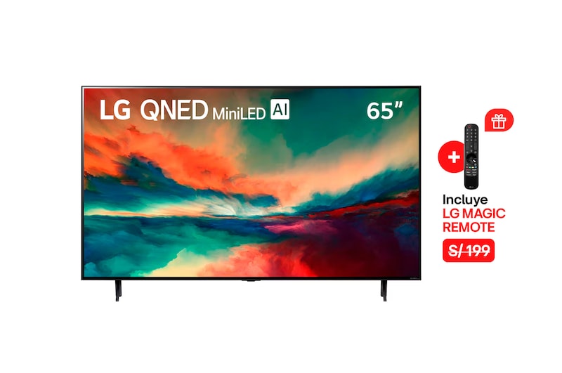 Vista frontal de LG QNED Mini Led 65" QNED85 4K Smart TV con ThinQ AI (Inteligencia Artificial), 4K Procesador Inteligente α7 generación 6 (2023) 65QNED85SRA