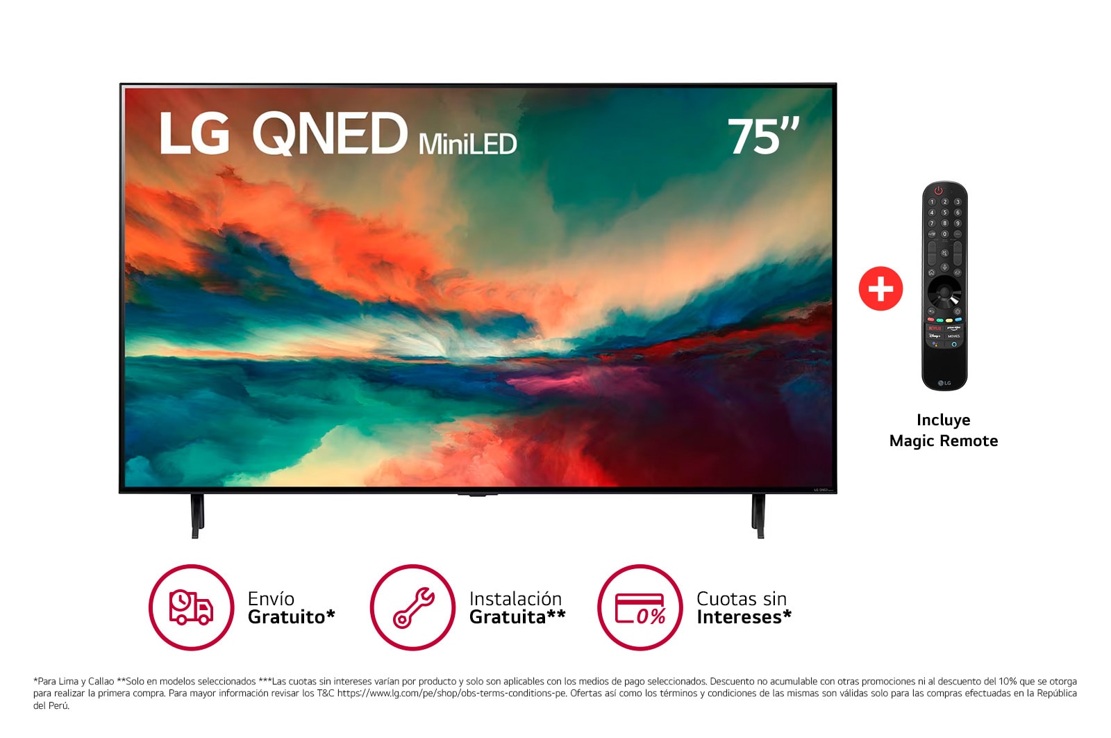 Una vista frontal del televisor LG QNED con imagen de relleno y logotipo del producto encendido