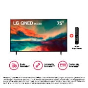 Una vista frontal del televisor LG QNED con imagen de relleno y logotipo del producto encendido