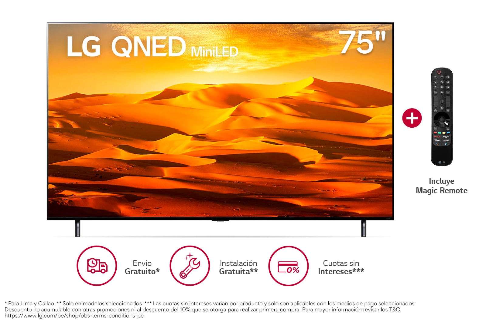 Vista frontal de LG QNED Mini LED 75'' QNED90 4K Smart TV con ThinQ AI (Inteligencia Artificial), 4K Procesador Inteligente α7 generación 5 75QNED90SQA