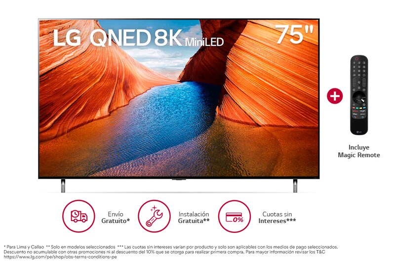 Vista frontal de LG QNED Mini LED 75'' QNED99 8K Smart TV con ThinQ AI (Inteligencia Artificial), 8K Procesador Inteligente α9 generación 5 75QNED99SQA