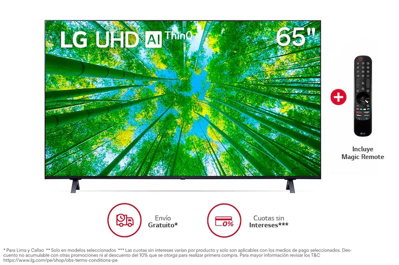 Vista frontal de LG UHD ThinQ AI 75" UQ8050 4K Smart TV, 4K Procesador Inteligente α5 generación 5, Magic Remote (2022) 75UQ8050PSB