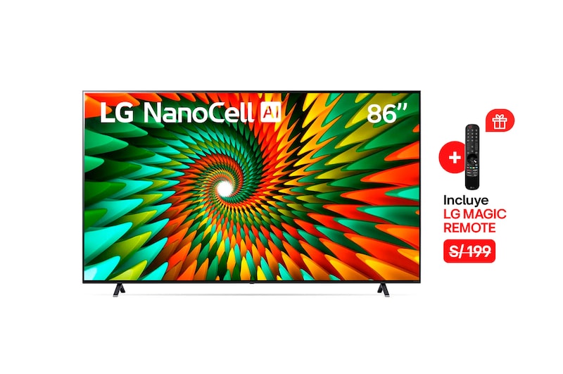 Vista frontal de  LG NanoCell 86" NANO77 4K Smart TV con ThinQ AI (Inteligencia Artificial), 4K Procesador Inteligente α7 generación 6 (2023) 86NANO77SRA