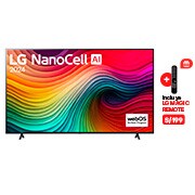 Vista frontal de LG NanoCell TV, NANO80 con texto de LG NanoCell, 2024 y logotipo de webOS Re:New Program en pantalla