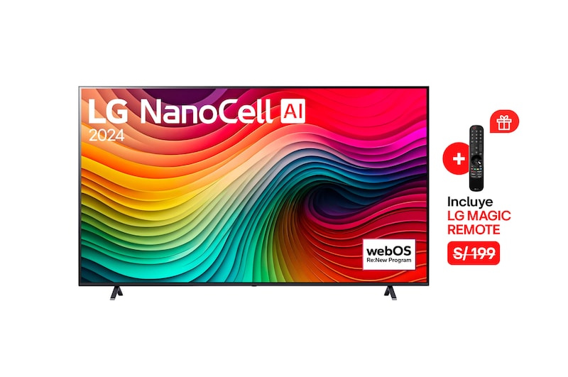 Vista frontal de LG NanoCell TV, NANO80 con texto de LG NanoCell, 2024 y logotipo de webOS Re:New Program en pantalla