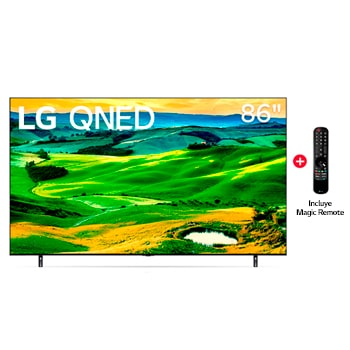 vista frontal del televisor LG QNED con una imagen de relleno y el logotipo del producto 