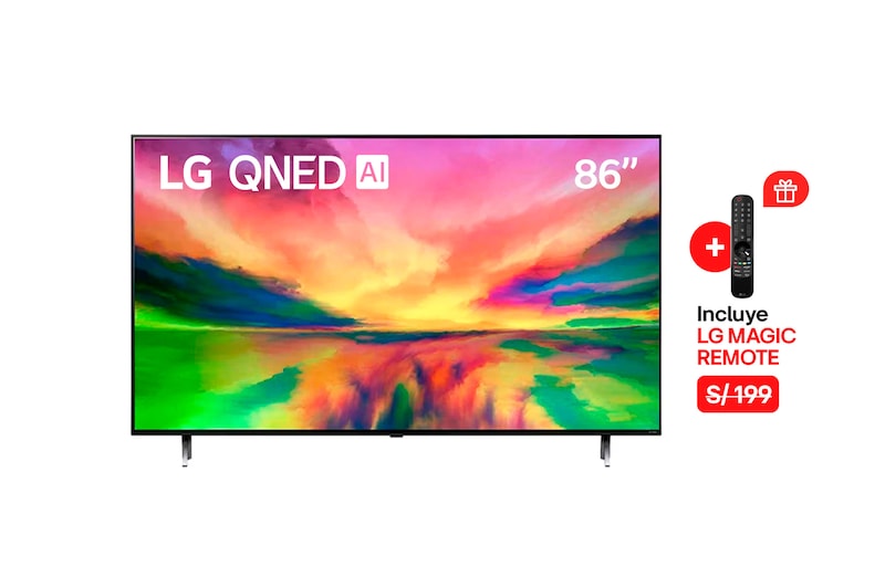 Vista frontal de  LG QNED 86" QNED80 4K Smart TV con ThinQ AI (Inteligencia Artificial), 4K Procesador Inteligente α7 generación 6 (2023) 86QNED80SRA