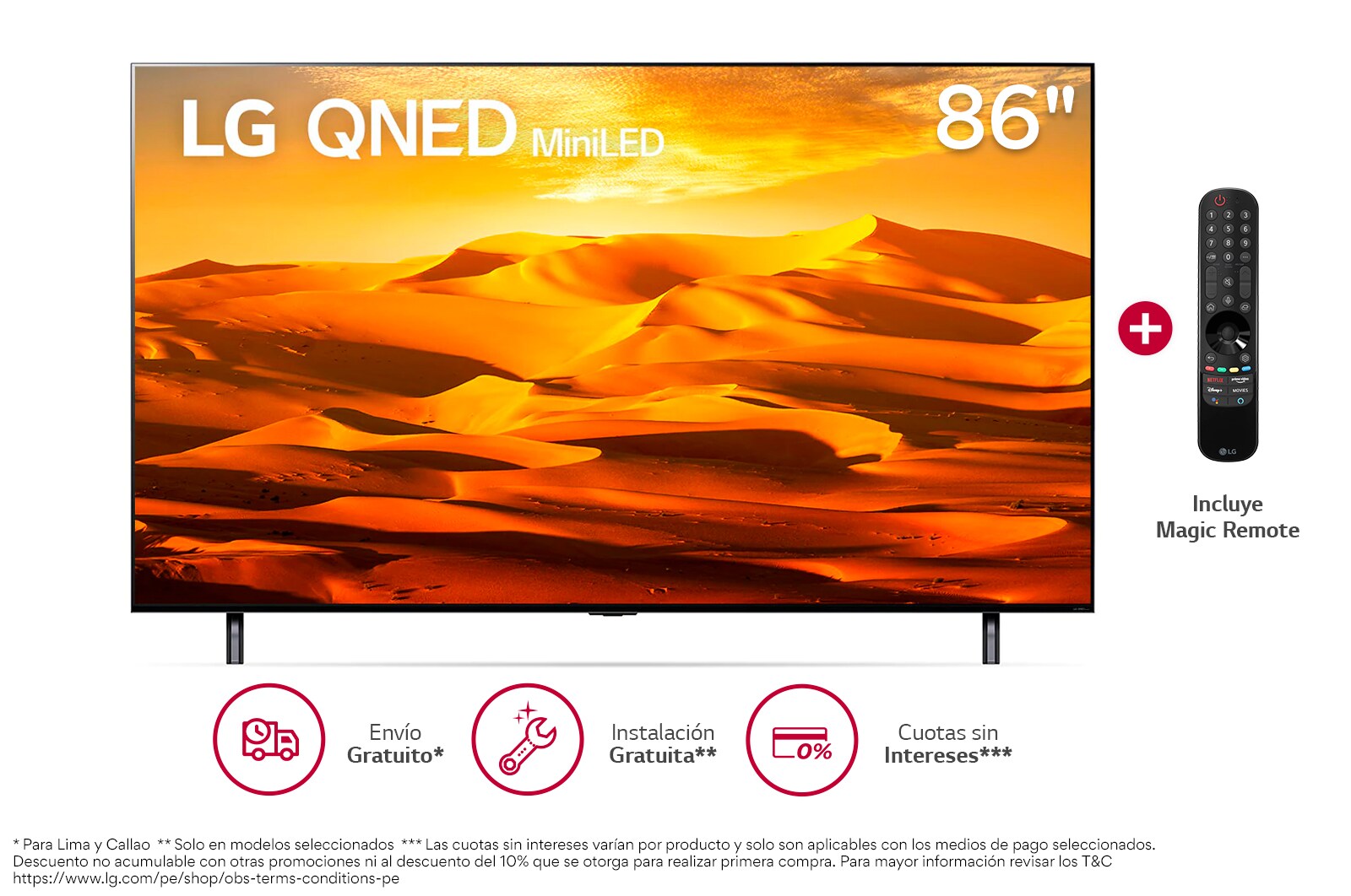 Vista frontal de LG QNED Mini LED 86'' QNED90 4K Smart TV con ThinQ AI (Inteligencia Artificial), 4K Procesador Inteligente α7 generación 5 86QNED90SQA