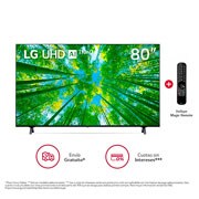 Vista frontal del televisor UHD con una imagen de relleno y el logotipo del producto
