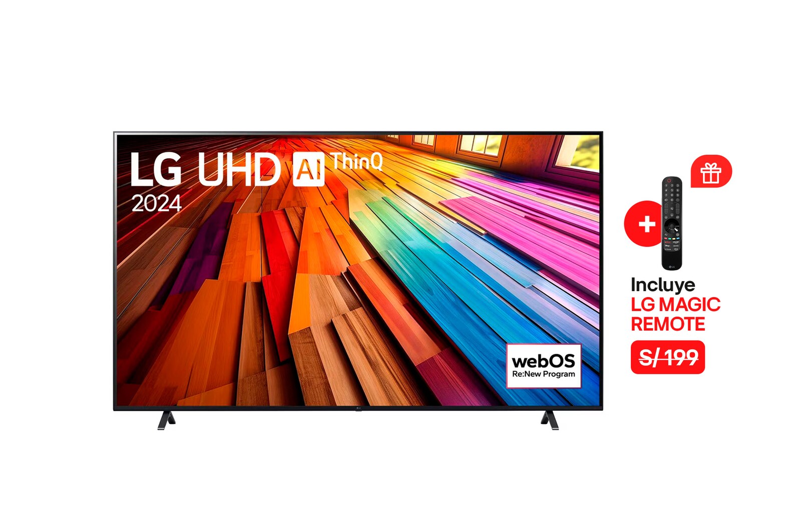 Vista frontal del televisor LG UHD, UT80 con el texto de LG UHD AI ThinQ, 2024, y el logotipo de webOS Re: Nuevo Programa en pantalla.