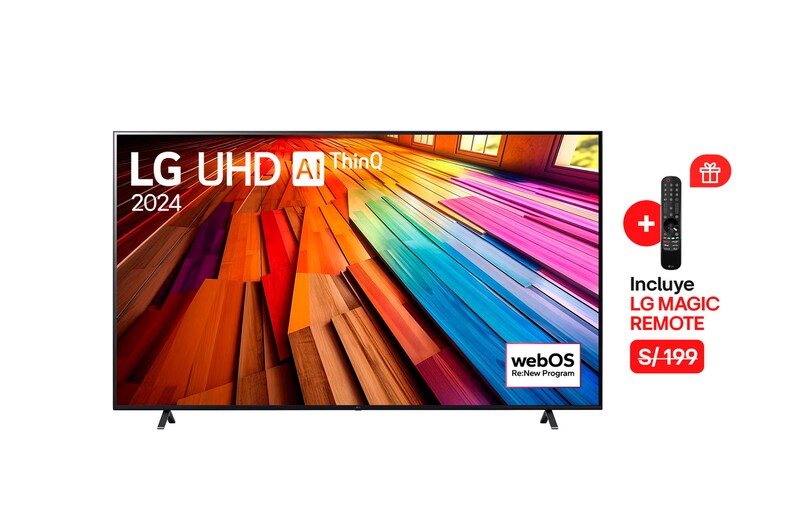 Vista frontal del televisor LG UHD, UT80 con el texto de LG UHD AI ThinQ, 2024, y el logotipo de webOS Re: Nuevo Programa en pantalla.