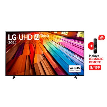 Vista frontal del televisor LG UHD, UT80 con el texto de LG UHD AI ThinQ, 2024, y el logotipo de webOS Re: Nuevo Programa en pantalla.