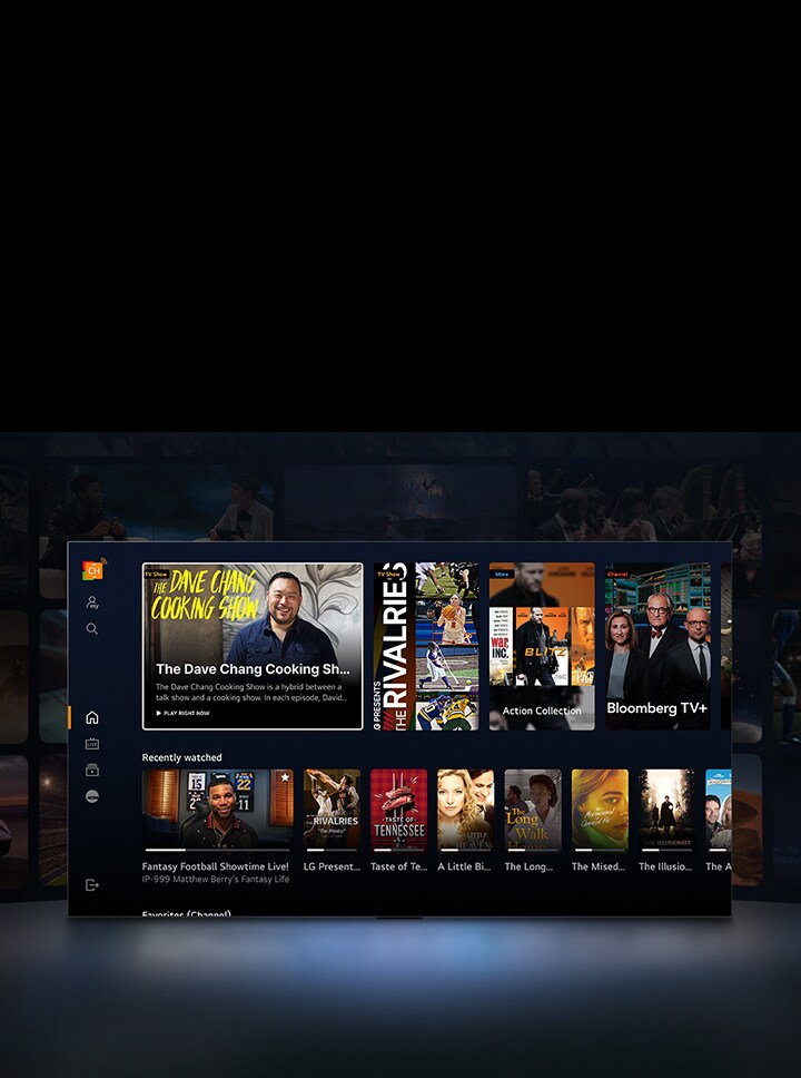 Primer plano de una LG TV en la que se muestra una variedad de miniaturas de películas y series de TV. El texto “Colección de acción”, “Bloomber TV+” y “Vistos recientemente” aparece en la imagen. El espacio frente a la TV se ilumina tenuemente como si fuera por la luz de la TV. Detrás de la TV, en la oscuridad, hay más miniaturas de películas y series de TV.