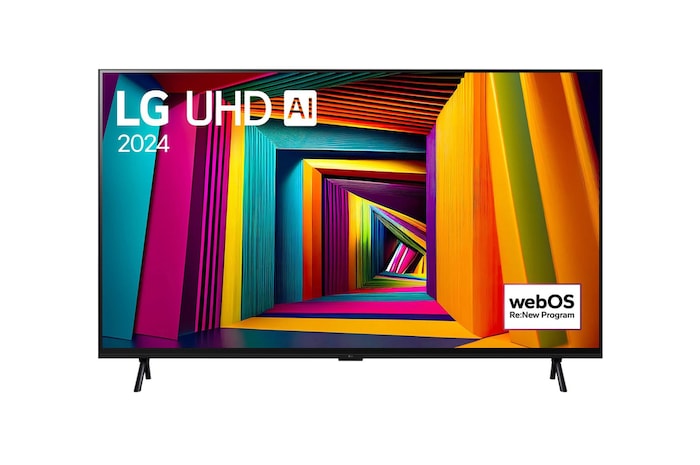 Vista frontal del TV LG UHD, UT90 con el texto de LG UHD AI ThinQ, 2024, y el logotipo de webOS Re:Nuevo Programa en pantalla.