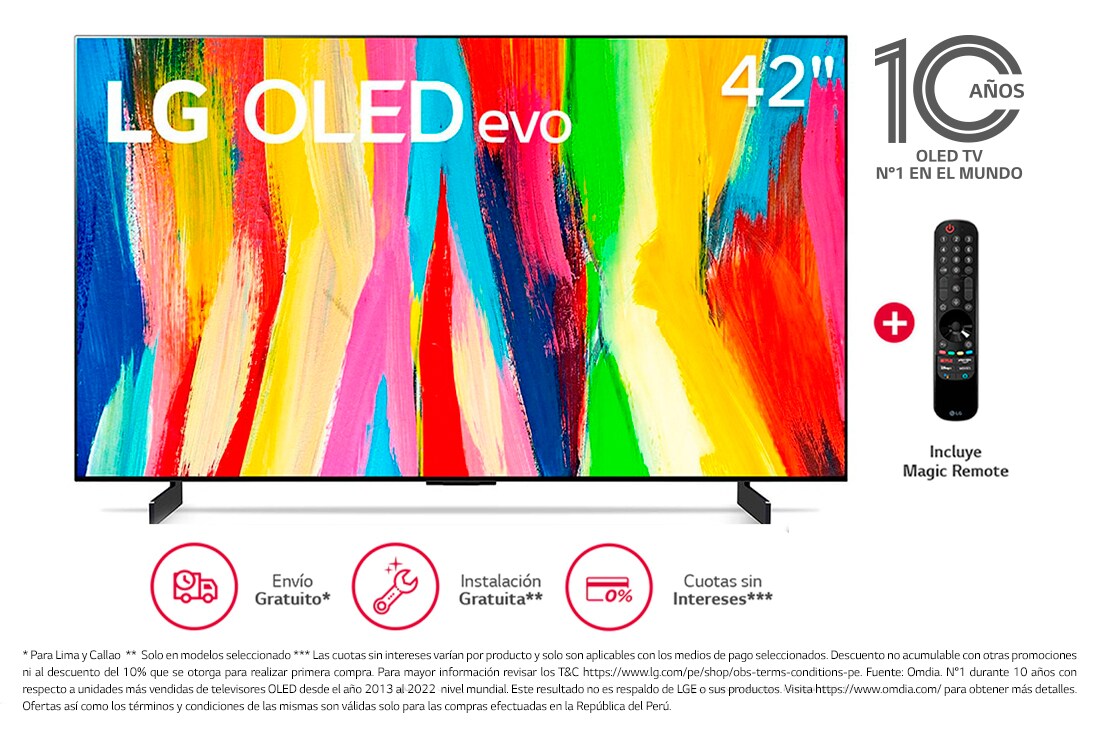 LG OLED evo 42'' C2 4K Smart TV con ThinQ AI (Inteligencia Artificial), 4K Procesador Inteligente α9 generación 5, OLED42C2PSA