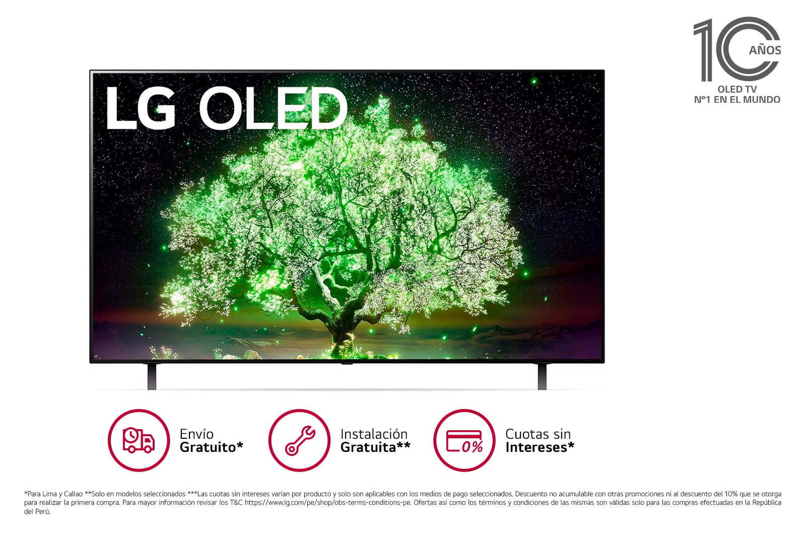 Vista frontal de LG OLED 48'' A1 4K Smart TV con ThinQ AI (Inteligencia Artificial), 4K Procesador Inteligente α7 generación 4 OLED48A1PSA